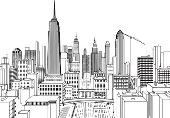 City landscape. Different buildings on street, outline cityscape hand sketch, flat houses. Hand drawn vector illustration