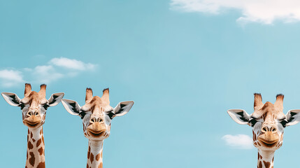 Naklejka premium Three Giraffes Peek Out From a Summer Sky Funny Cute Animal Group Portrait