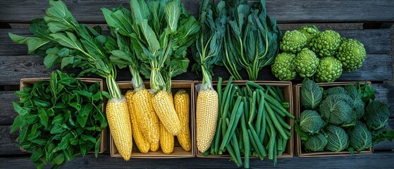 A collection of fresh vegetables, including corn, green beans, artichokes, and leafy greens, arranged in wooden crates.