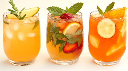 Three Refreshing Summer Drinks with Citrus Fruits Strawberries and Ice Cubes in Transparent Glasses
