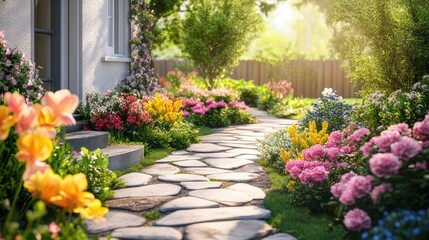 Fototapeta premium Sunlit Garden Path: A Meandering Walk Through Vibrant Blooms