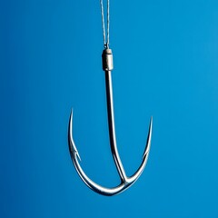 Sharpened Metal Hook Attached to a String on Blue Background