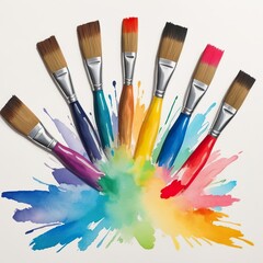 Fototapeta premium Colourful picture of big paintbrushes with painting palette drawn in ink, watercolour, gouache, oil, acrylic. Bright vibrant poster card. 