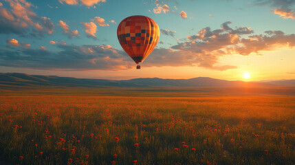 Obraz premium Expansive fields with a hot air balloon floating above in a serene sky