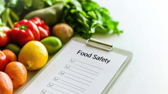 A clipboard with a food safety checklist is placed beside fresh vegetables and fruits, emphasizing the importance of food safety practices.