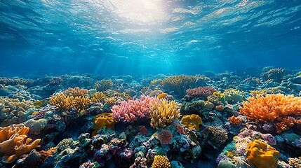 Naklejka premium Underwater Paradise: A mesmerizing underwater landscape reveals a vibrant coral reef teeming with life, bathed in ethereal sunlight that casts a shimmering glow through the crystal-clear water. 