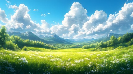 Fototapeta premium Serene mountain meadow landscape with vibrant wildflowers and fluffy clouds