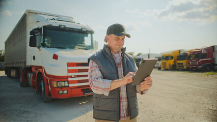Front camera view of Caucasian male standing in front of parking lot filled with trucks. Typing something on touch screen of tablet device. Looking around while entering information about deliveries. © VAKSMANV