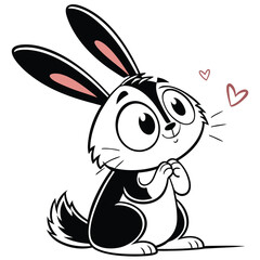 Adorable cartoon bunny in black and white, showcasing big eyes, long ears with pink insides, and a fluffy tail. Hearts near its head add a touch of love. Perfect for greeting cards and kids' books