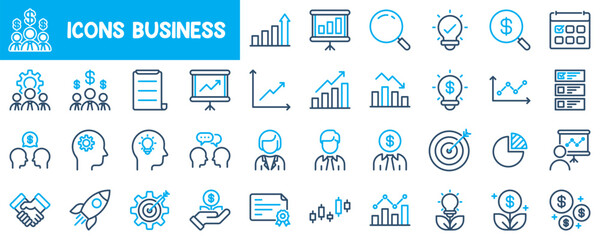 Business and Corporate Management Line Icons: Featuring Symbols for Leadership, Collaboration, Handshakes, Teamwork, and More.