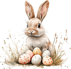 Watercolor Easter Bunny With Easter Eggs Vector Illustration Art Design.
