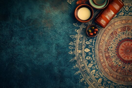 Elegant Mandala Rug with Bowls and Olives Flatlay