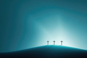 Silhouettes of three crosses against serene blue backdrop evoke