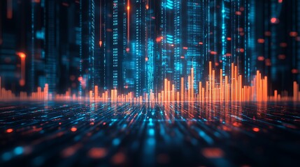 Fototapeta premium Futuristic Digital Cityscape with Upward Arrow, 3D arrow pointing up background is a blue and white color