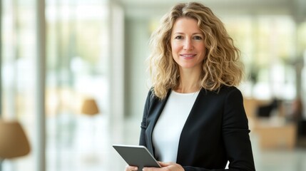 oung businesswoman holding an iPad, ready for success in a modern office setting.