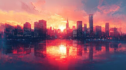 Fototapeta premium Artistic representation of a city skyline blending into a sunset