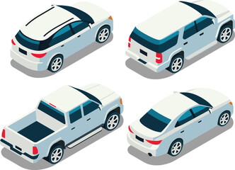 set of rear-view isometric cars, truck, family car vector illustration