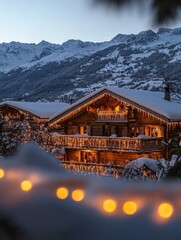 Fototapeta premium Festive chalet glows amidst snow capped mountains at twilight
