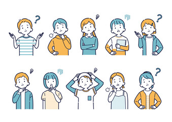 考えたり悩んだりする子どもたちのイラストセット