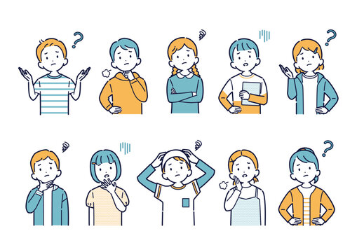 考えたり悩んだりする子どもたちのイラストセット