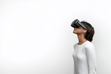 A person wearing VR glasses, tilting their head as if exploring a 360-degree environment, on plain background