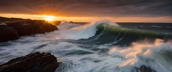 A dramatic sunset over rushing waves capturing the raw beauty and power of natures elements in a dynamic scene