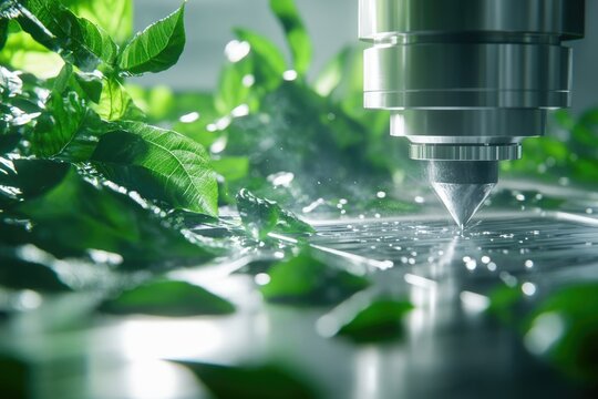 Precision machinery interacts with lush green leaves, showcasing advanced technology's integration with nature.