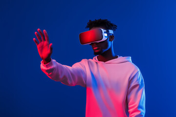 A tech enthusiast in futuristic VR glasses, reaching out as if navigating a virtual hologram, on a plain background