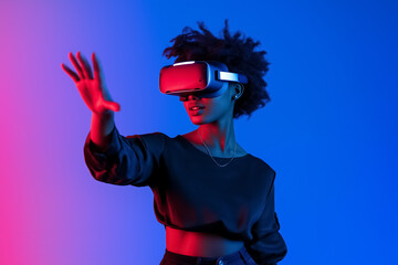A tech enthusiast in futuristic VR glasses, reaching out as if navigating a virtual hologram, on a plain background