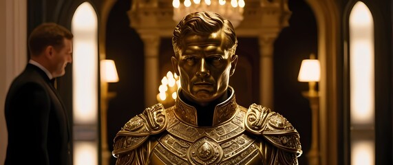 A guardsman statue fashioned from gold standing sentinel before an opulent entrance adding a regal touch to a luxurious estate scene