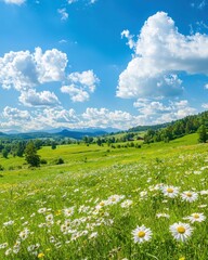 Obraz premium Breathtaking landscape of wildflowers and mountains green valley nature sunny day scenic view tranquility