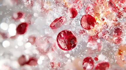 A close-up of red blood cells floating in a white background