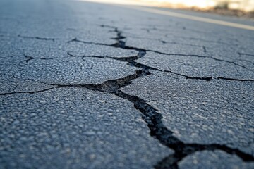Obraz premium Cracked asphalt road surface showing significant deterioration and need for repair.