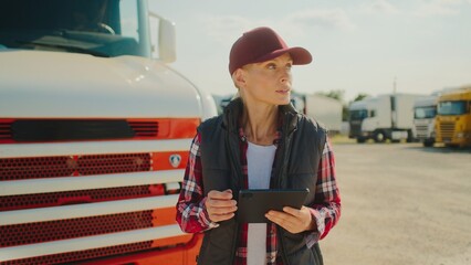 Lorry driver standing outside in middle of parking lot. Truck behind beautiful Caucasian woman with baseball hat. Female spending free time by reading news online. Using tablet device.