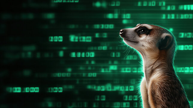 Meerkat with green data code background. Cybersecurity awareness