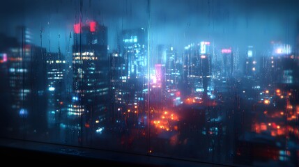 Fototapeta premium Rainy night cityscape through wet glass, urban melancholy atmosphere