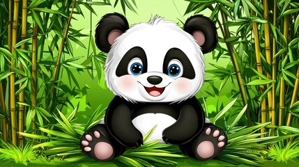 Obraz premium Cute cartoon panda sitting among lush green bamboo, smiling joyfully in a vibrant forest setting