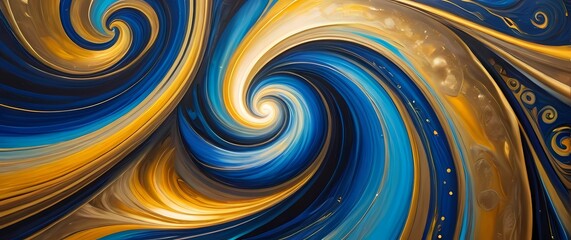 A stunning abstract painting showcasing swirling colors of gold blue and vibrant patterns representing energy and creativity in wealth