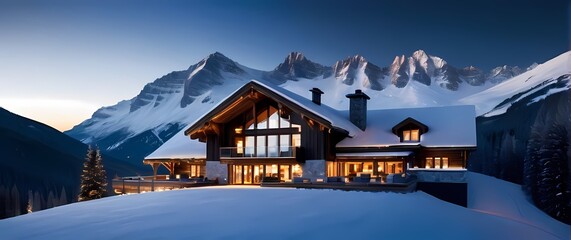 A stunning panoramic view of an alpine landscape covered in snow with a luxurious ski lodge in the foreground inviting adventure and elegance