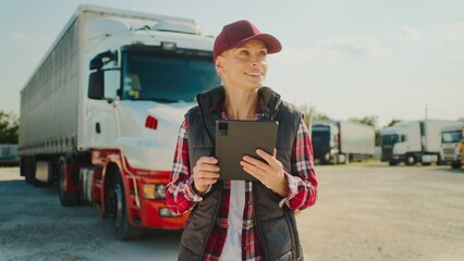Serious Caucasian woman walking in middle of truck parking location. Searching for something while...