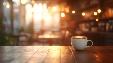Fototapete Rund Steaming cup on a rustic table with blurred cafe lights backdrop © comando
