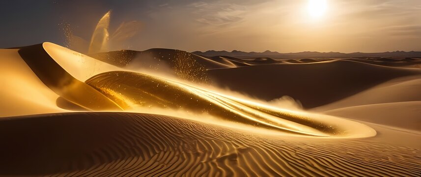 A surreal desert scene depicting a mirage of shimmering gold dust swirling in the wind evoking a sense of treasure and unattainable wealth