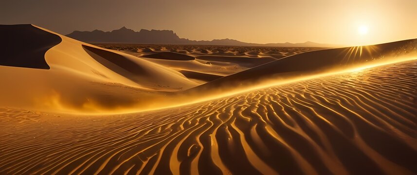 A surreal desert scene depicting a mirage of shimmering gold dust swirling in the wind evoking a sense of treasure and unattainable wealth