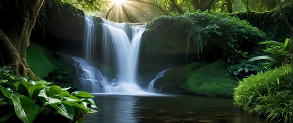 A tranquil waterfall surrounded by lush greenery creating a serene setting for meditation and reflection in natures beauty