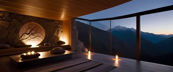 A tranquil yoga retreat nestled in the mountains promoting wellness and inner peace in a serene atmosphere