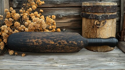 Vintage wooden rolling pin resting on rustic wooden surface beside dried flowers and barrel