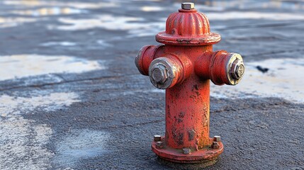 A vibrant red fire hydrant stands prominently on a wet asphalt surface, reflecting light