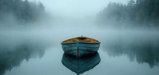 Solitude on a Misty Lake: A Serene Rowboat