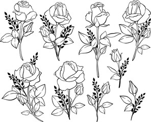 Collection of simple clip art of vector monochrome roses. Doodle set of flowers.