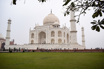 Amazing view of Taj Mahal which is among seven world wonders. Famous Indian Islamic heritage at cloudy day, Taj Mahal located at south bank of the Yamuna River